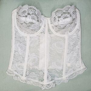 Vintage Jezebel white lace bridal lingerie sheer wedding corset ruffle trim 34 B